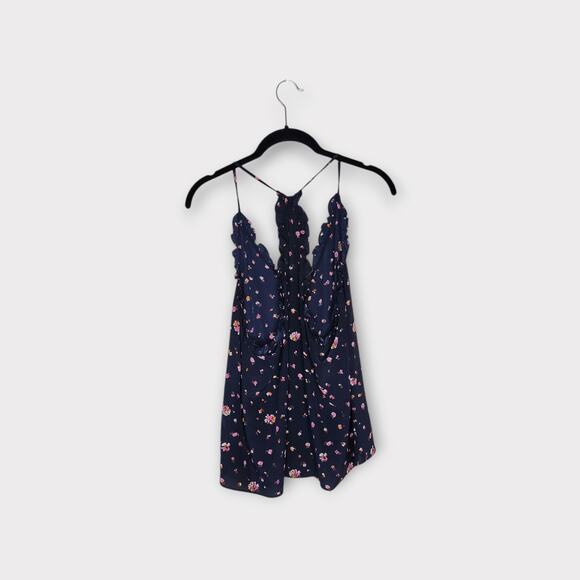 Rebecca Taylor Womens Mia Floral Silk Camisole Ruffle Trim Navy Blue 10 Romantic - Picture 9 of 10